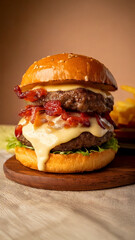 Double Bacon Cheeseburger with Melty Cheese and Fresh Lettuce, delicious double bacon cheeseburger with melted cheese, fresh lettuce, and crispy bacon on a toasted sesame bun. Perfectly juicy and sati