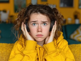 Young girl with curly brown hair wearing a bright yellow jacket, holding hands to ears, in a cozy indoor setting