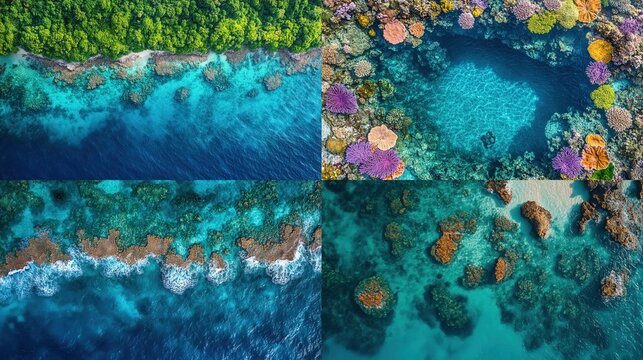 A vibrant quadriptych showcasing diverse aquatic and coastal ecosystems a lush green coastline meeting turquoise waters, a vibrant coral reef pool, a wave-