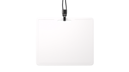 A blank white id badge hanging against a transparent background