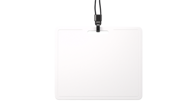 A blank white id badge hanging against a transparent background