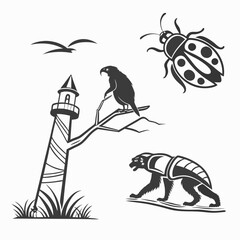 Fantasy creatures and coastal lighthouse illustration