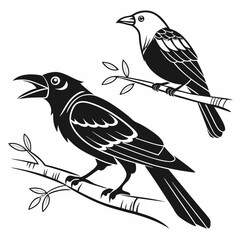 Two black birds perched on branches silhouette
