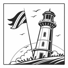 Lighthouse seascape black and white illustration