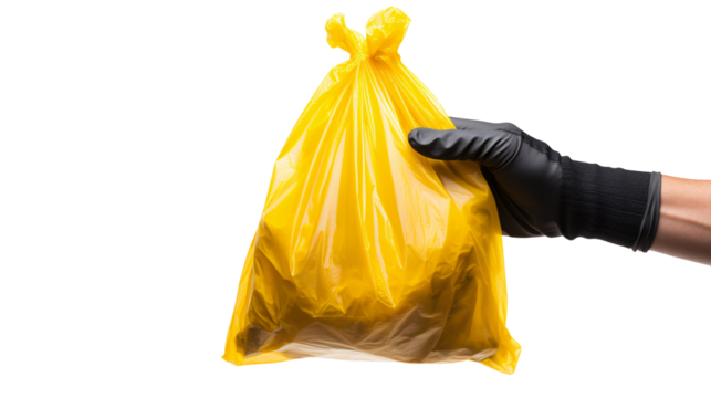 Hand in black glove holding a yellow tied garbage bag up high