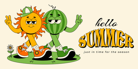 Hello summer banner. Retro groovy summer characters sun and watermelon. Vector illustration for advertisement, promo, ad, billboard, promotional