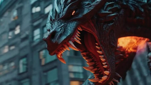 4K UHD Video of a Dragon Breathing Fire and Wreaking Havoc on a City