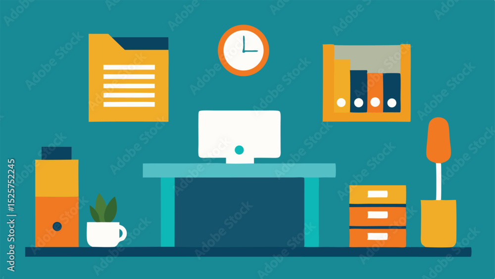 Poster modern flat design office workspace with desk computer and minimalist decorative elements