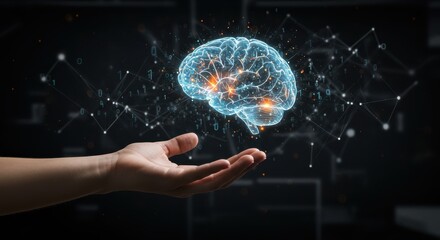Human hand holding glowing digital brain with network connections and binary code