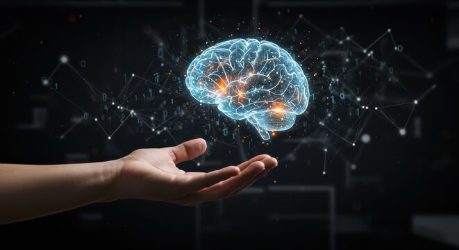 Human hand holding glowing digital brain with network connections and binary code - Powered by Adobe