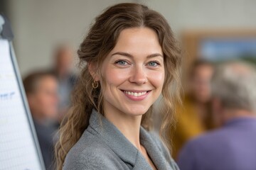 Smiling woman in gray blazer with curly brown hair and blue eyes stands near a whiteboard in a blurred office setting