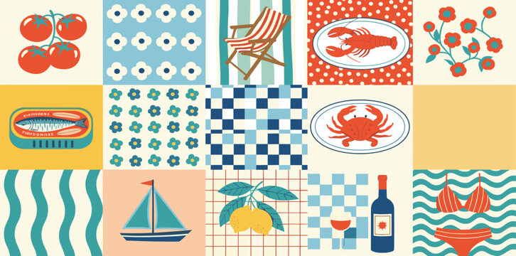 Mediterranean food seamless pattern. Cute hand drawn patchwork print with sardine, seafood, lobster, Italian tiles, checkered elements, lemon, wine, sailboat. Summer vacation mood. Vector background.