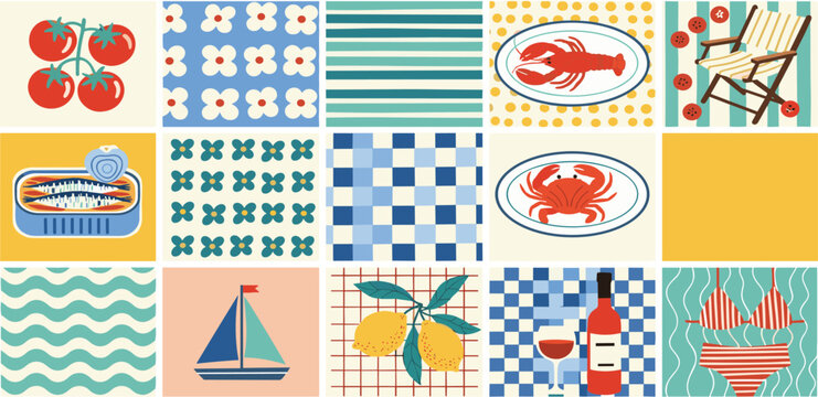 Mediterranean food seamless pattern. Cute hand drawn patchwork print with sardine, seafood, lobster, Italian tiles, checkered elements, lemon, wine, sailboat. Summer vacation mood. Vector background.