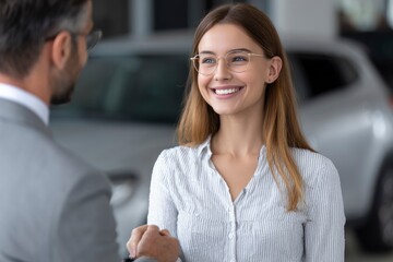 Obraz premium Smiling woman with glasses in a buttoned shirt talking to a man in a suit with a car in the background