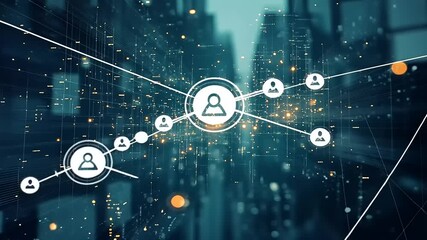 Futuristic cityscape with digital connections and user icons representing networking and technology - Powered by Adobe