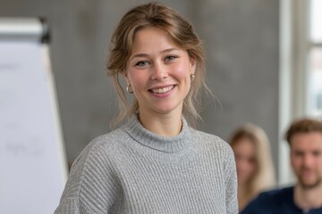 Fototapeta premium Smiling woman with dimples wearing a gray sweater gold earrings stands indoors near a whiteboard blurred people