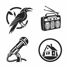 Black and white icons raven radio microphone house