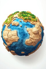 Stylized spherical illustration of a planet with simplified landmasses, water, and rocky terrain, rendered in a cartoonish style