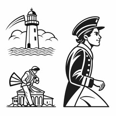 Nautical icons lighthouse sailor coastal scene