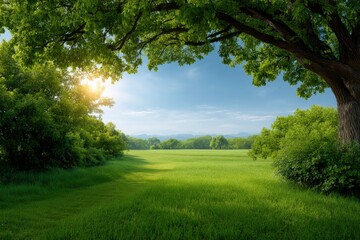 Sunny meadow scene tree branches frame a grassy field leading to distant trees against a blue sky
