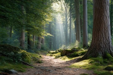 Obraz premium Sunlit forest path with mossy rocks and tall trees Light shafts filter through the canopy