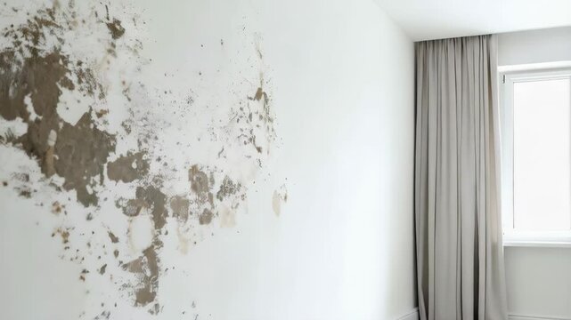 Interior wall showing mold and dampness in bright room with window and neutral curtains