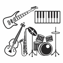Musical instruments collection black and white illustration