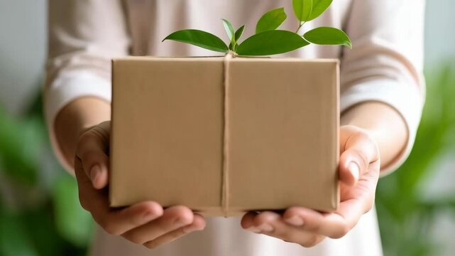 Woman holding cardboard box with plant sprout in her hands, tied with twine. Sustainable packaging, zero waste and environmental awareness concept