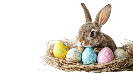 Cute Bunny Sitting on Colorful Easter Eggs Isolated on White Background
