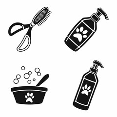 Pet grooming supplies shampoo brush bowl scissors