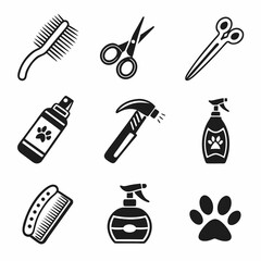 Pet grooming supplies icons set dog cat care