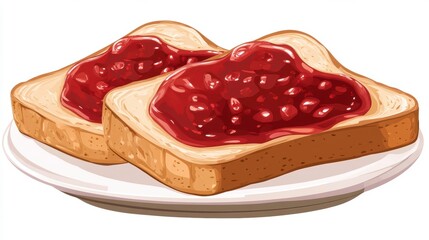 Two slices of toasted bread with red jam on a white plate.