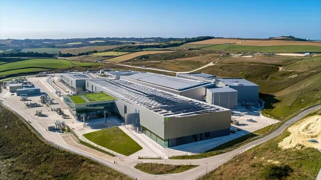 Modern data center complex nestled in a rural landscape.  Features sustainable design elements, including solar panels and green roofs - Powered by Adobe