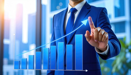 Businessman in formal suit interacts with futuristic holographic interface showing upward trend