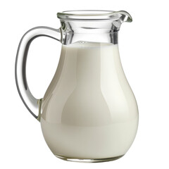 A Clear glass pitcher filled with fresh milk, showcasing its creamy texture