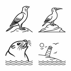 Naklejka premium Professional line art birds seal lighthouse sea