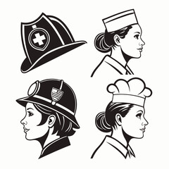 Women in professional hats firefighter nurse miner chef