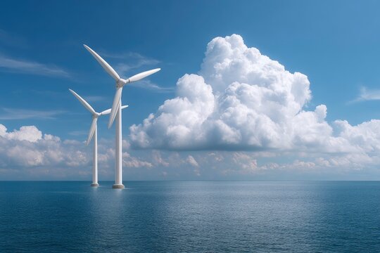 Two wind turbines rise from the sea against a blue sky with puffy white clouds