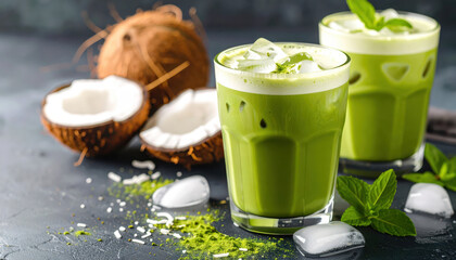 Iced coconut matcha latte with ice cubes and fresh mint leaves, surrounded by coconut halves and matcha powder