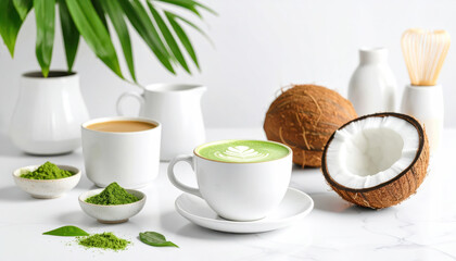 Coconut matcha latte in white cup on marble counter with coconuts and matcha powder nearby