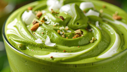 Creamy matcha smoothie topped with coconut flakes and nuts, showcasing vibrant green swirl