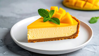 Slice of mango cheesecake on white plate with graham crust, topped with fresh mango cubes and mint leaves on grey marble table
