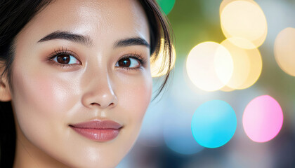 Person with glowing skin and serene expression is captured against backdrop of colorful bokeh lights