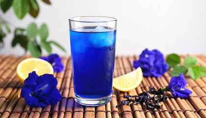 Tall glass of vibrant blue butterfly pea lemonade with ice, surrounded by fresh flowers and lemon slices on bamboo mat