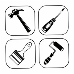 Professional tools icons set hammer screwdriver paintbrush roller