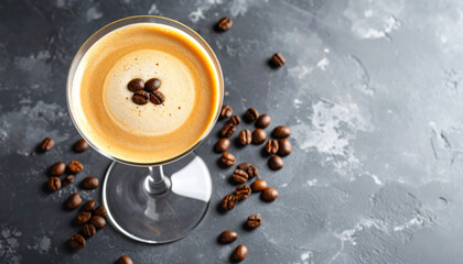 A Espresso Martini cocktail with coffee foam and beans on grey background. top view highlights rich texture and inviting aroma
