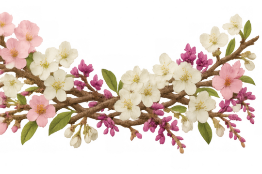 Soft cherry blossom branches weaving pink and white floral patterns against translucent backdrop, highlighting spring delicacy