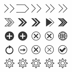 Professional vector icons set arrows plus minus check gear global