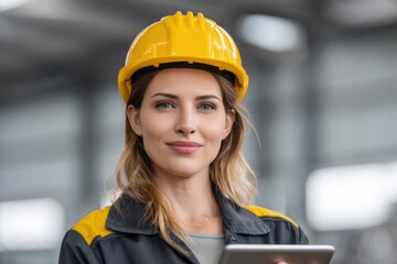Woman with yellow hardhat gray uniform with yellow shoulders holding a tablet in industrial setting