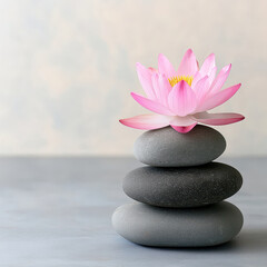 Smooth gray stones stacked with pink lotus flower on top, creating serene and balanced composition
